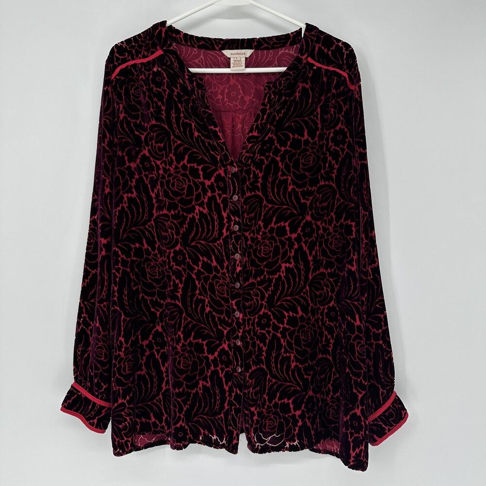 Sundance Shirt Womens Large Red Floral Burnout Velvet Button Front Tunic Top